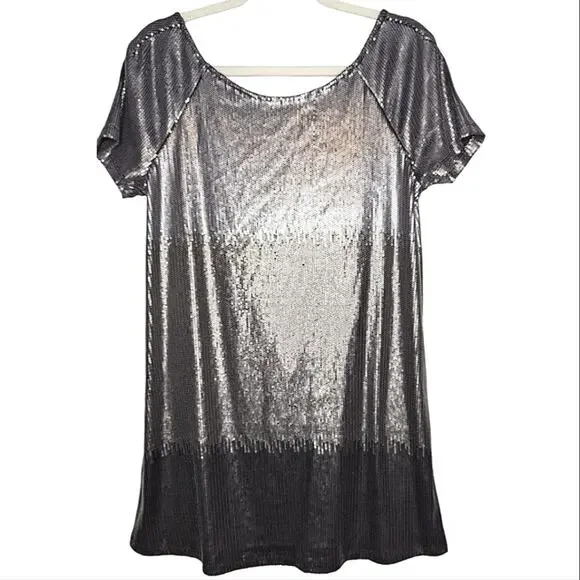 Free People Drenched in Sequins Shimmery Ombre Scoop Back Mini Dress Gunmetal XS - Picture 3 of 8